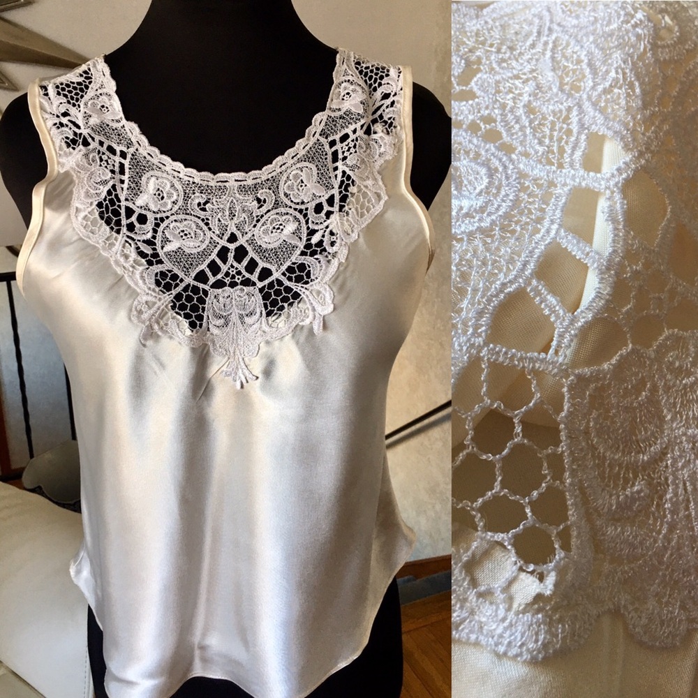 Vintage Ivory Satin Embroidered Lace Cami Large